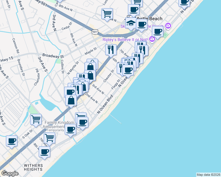 map of restaurants, bars, coffee shops, grocery stores, and more near 401 North Ocean Boulevard in Myrtle Beach