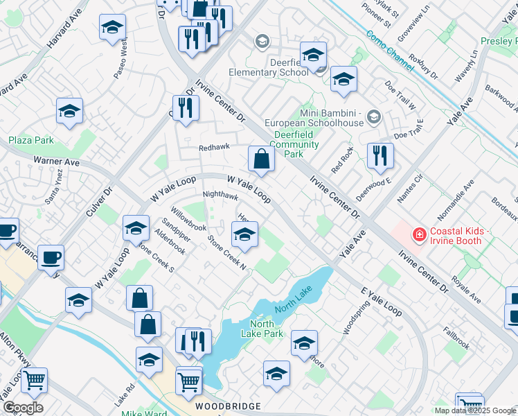 map of restaurants, bars, coffee shops, grocery stores, and more near 95 Nighthawk in Irvine