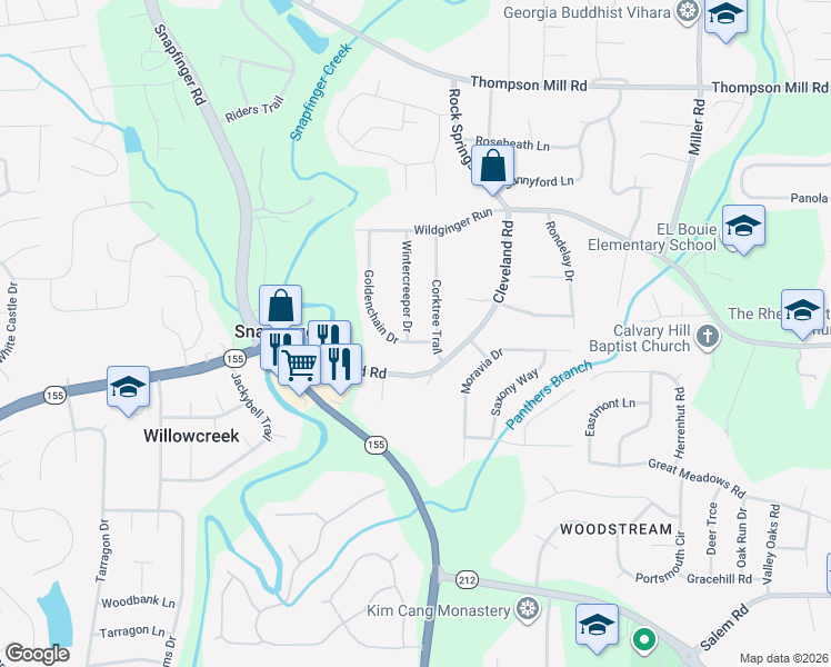 map of restaurants, bars, coffee shops, grocery stores, and more near 3290 Wintercreeper Drive in Stonecrest