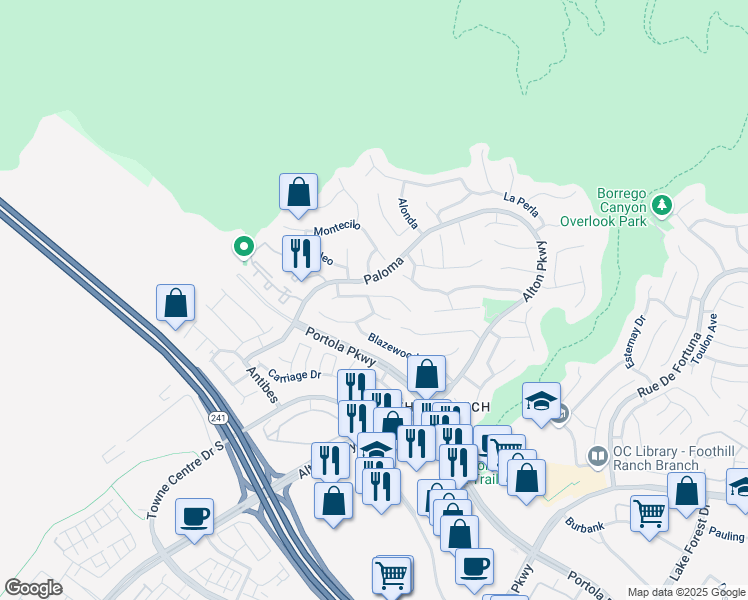 map of restaurants, bars, coffee shops, grocery stores, and more near 1 Cantora in Lake Forest