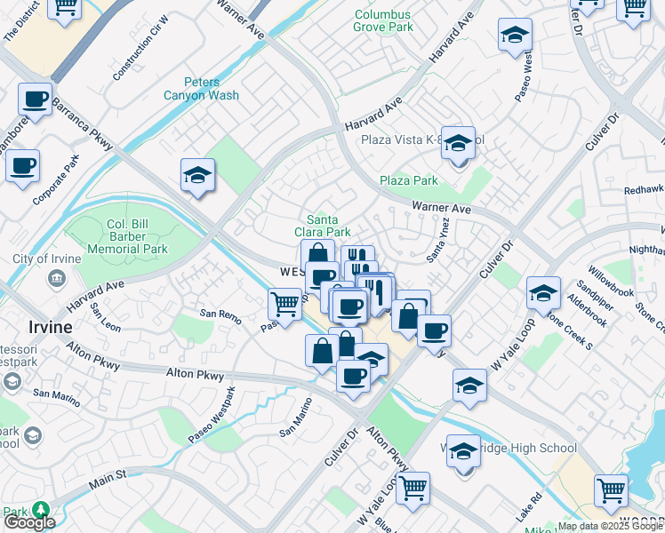 map of restaurants, bars, coffee shops, grocery stores, and more near 1800 Ladrillo Aisle in Irvine