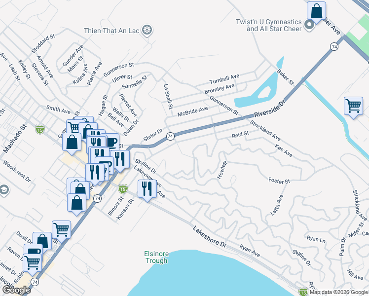 map of restaurants, bars, coffee shops, grocery stores, and more near in Lake Elsinore