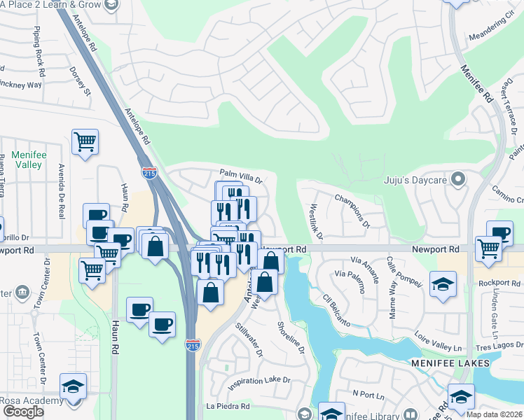map of restaurants, bars, coffee shops, grocery stores, and more near 28339 Palm Villa Drive in Menifee