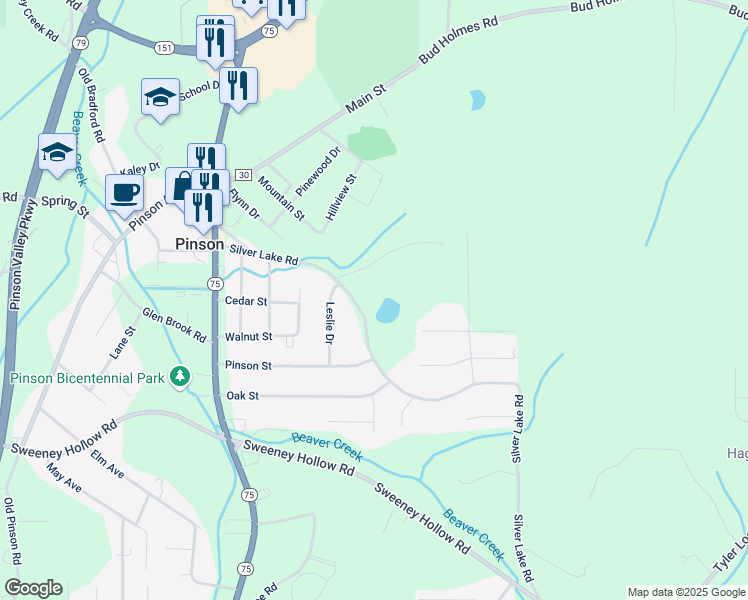 map of restaurants, bars, coffee shops, grocery stores, and more near 4324 Silver Lake Road in Pinson