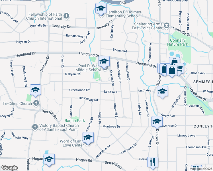 map of restaurants, bars, coffee shops, grocery stores, and more near 2354 Woodhill Lane in East Point
