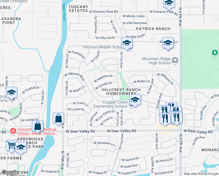 map of restaurants, bars, coffee shops, grocery stores, and more near 7264 West Robin Lane in Glendale
