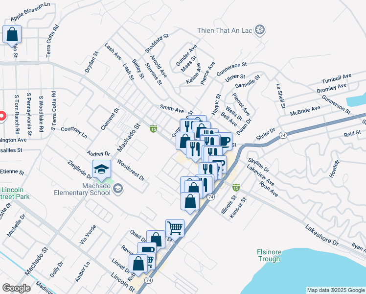 map of restaurants, bars, coffee shops, grocery stores, and more near 16636 Lakeshore Drive in Lake Elsinore