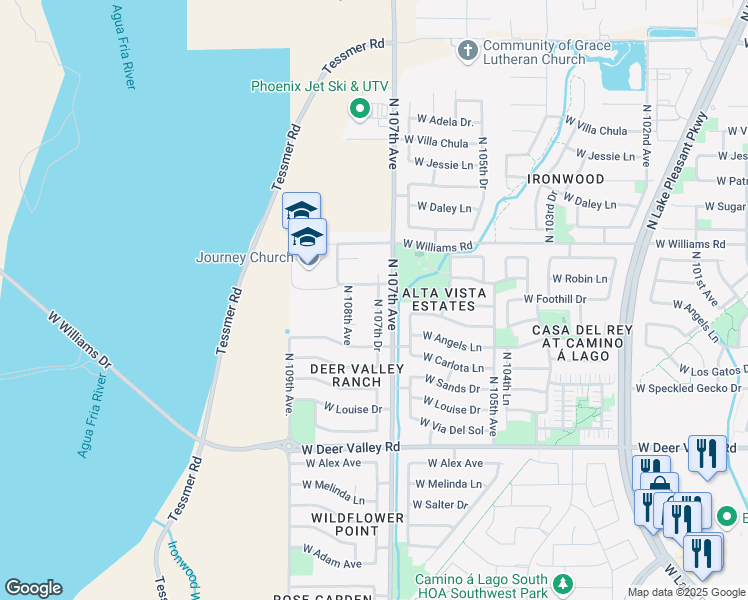 map of restaurants, bars, coffee shops, grocery stores, and more near 22362 North 107th Drive in Sun City
