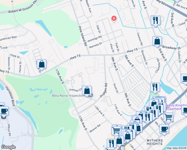 map of restaurants, bars, coffee shops, grocery stores, and more near 1063 Pinner Place in Myrtle Beach