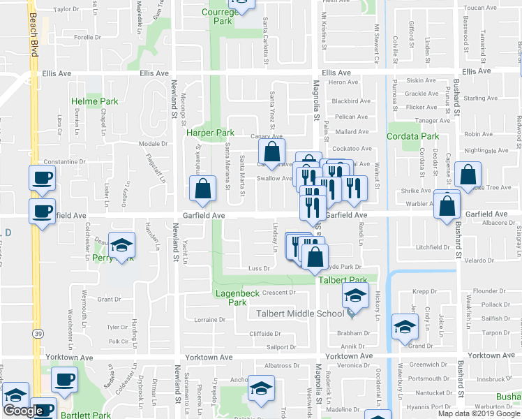 map of restaurants, bars, coffee shops, grocery stores, and more near 18986 Santa Catherine Street in Fountain Valley