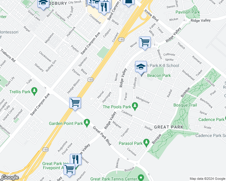 map of restaurants, bars, coffee shops, grocery stores, and more near 258 Harringay in Irvine