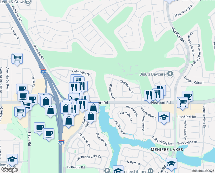 map of restaurants, bars, coffee shops, grocery stores, and more near 28387 Inverness Court in Menifee