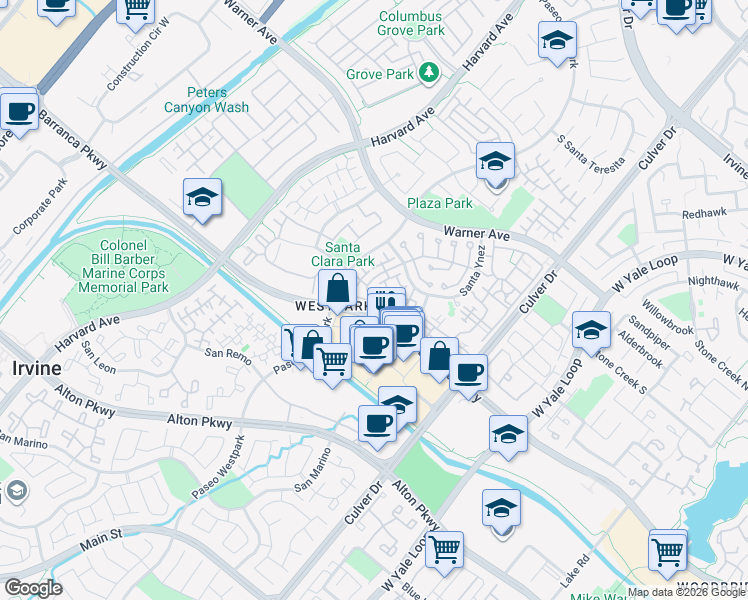 map of restaurants, bars, coffee shops, grocery stores, and more near 1400 Solvay Aisle in Irvine