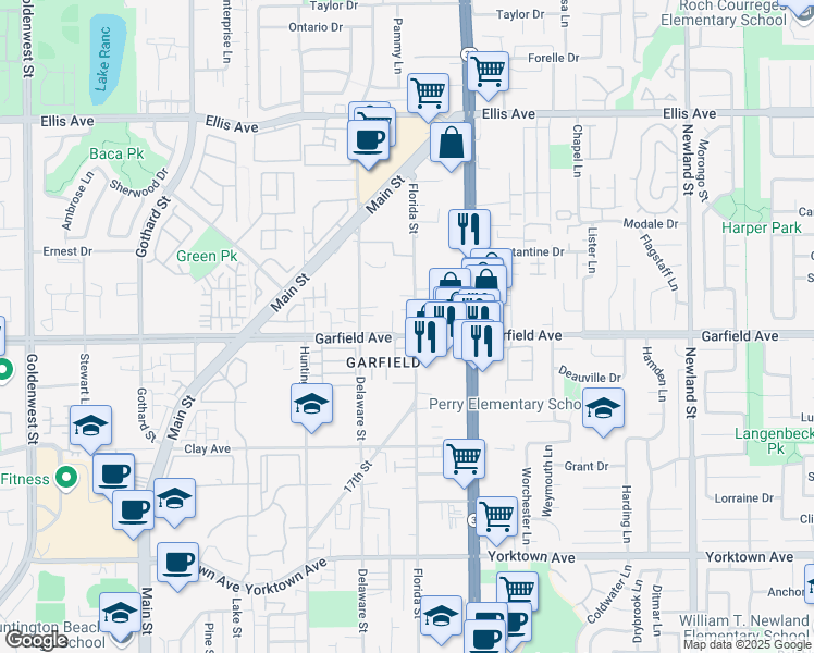 map of restaurants, bars, coffee shops, grocery stores, and more near 7851 Garfield Avenue in Huntington Beach