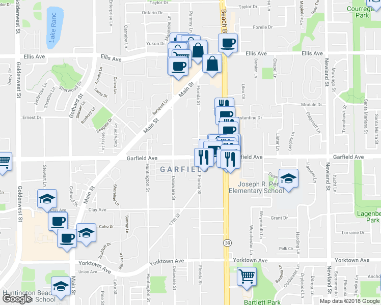 map of restaurants, bars, coffee shops, grocery stores, and more near 7851 Garfield Avenue in Huntington Beach