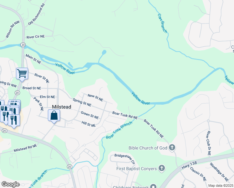 map of restaurants, bars, coffee shops, grocery stores, and more near 1860 Boar Tusk Road Northeast in Conyers
