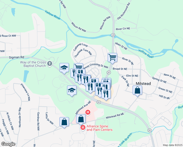 map of restaurants, bars, coffee shops, grocery stores, and more near 112 Hawkeye Lane Northwest in Conyers
