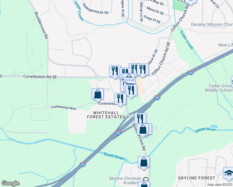 map of restaurants, bars, coffee shops, grocery stores, and more near 2579 Bouldercrest Road in Atlanta