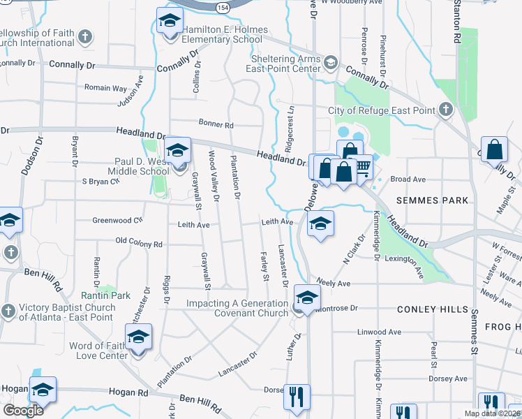 map of restaurants, bars, coffee shops, grocery stores, and more near 2533 Farley Street in East Point