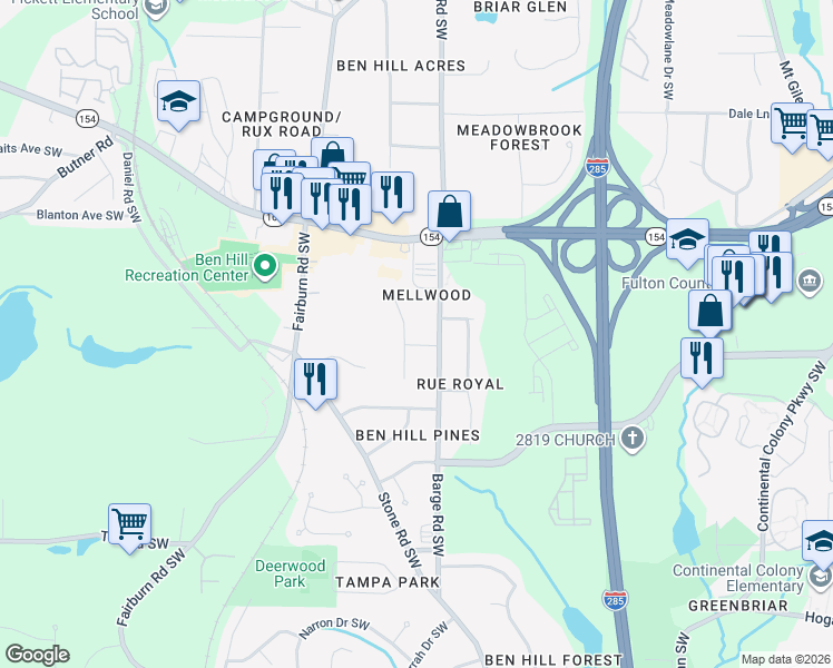 map of restaurants, bars, coffee shops, grocery stores, and more near 2490 Susan Lane Southwest in Atlanta