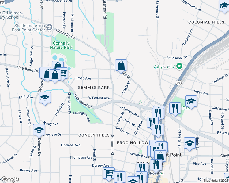 map of restaurants, bars, coffee shops, grocery stores, and more near 2498 Semmes Street in East Point