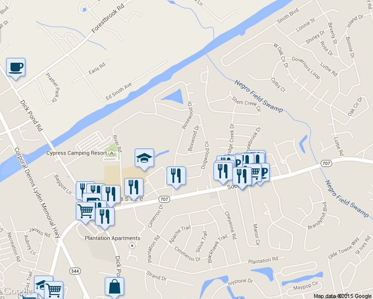 map of restaurants, bars, coffee shops, grocery stores, and more near 4668 Boxwood Dr in Myrtle Beach