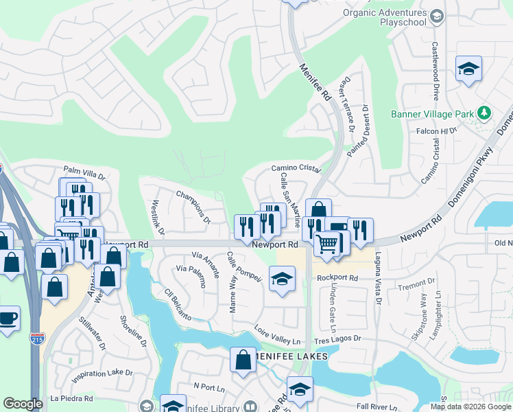 map of restaurants, bars, coffee shops, grocery stores, and more near 29901 Camino Cristal in Menifee