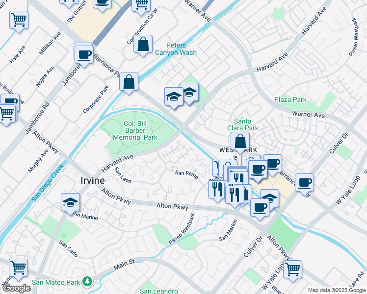 map of restaurants, bars, coffee shops, grocery stores, and more near 20 Arese Aisle in Irvine
