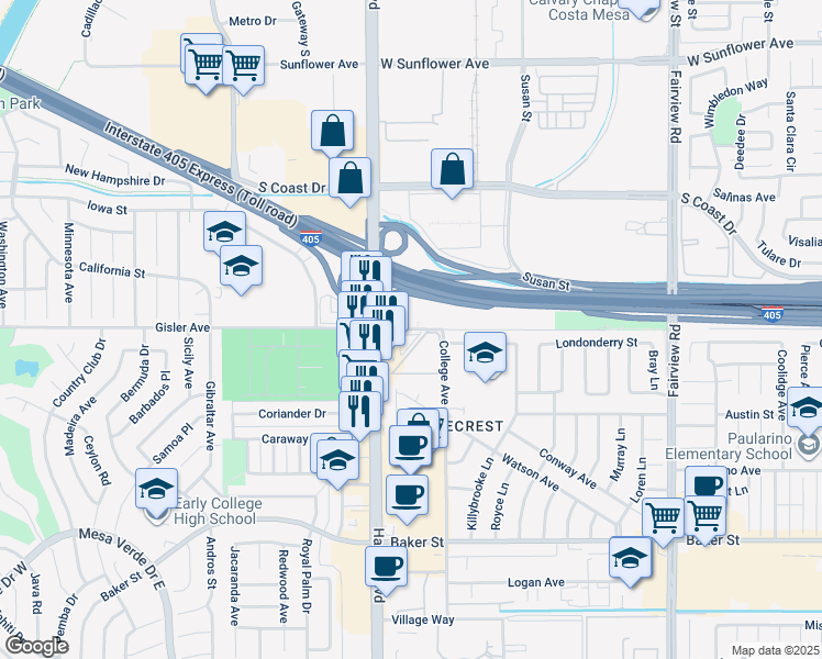 map of restaurants, bars, coffee shops, grocery stores, and more near 1400 Gisler Avenue in Costa Mesa