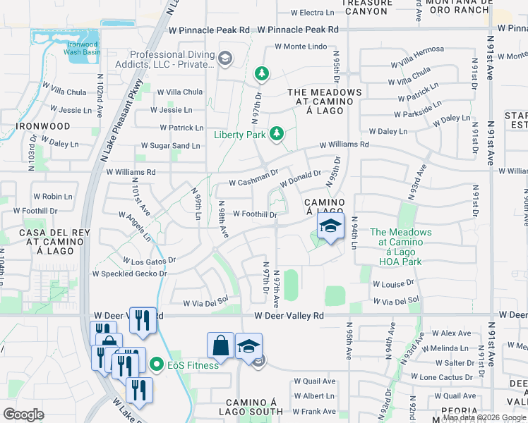map of restaurants, bars, coffee shops, grocery stores, and more near 22424 North 97th Drive in Peoria