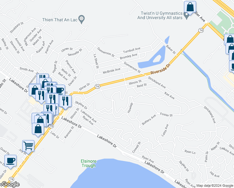 map of restaurants, bars, coffee shops, grocery stores, and more near Dempsey Avenue in Lake Elsinore