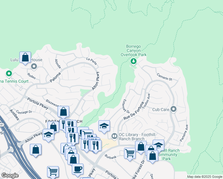 map of restaurants, bars, coffee shops, grocery stores, and more near 20 Flores in Lake Forest
