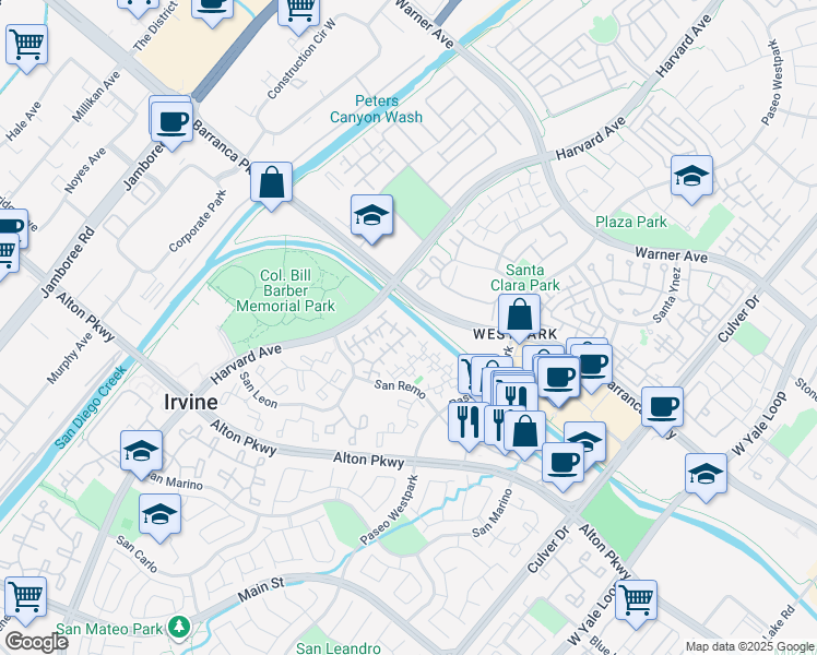 map of restaurants, bars, coffee shops, grocery stores, and more near 10 Crivelli Aisle in Irvine