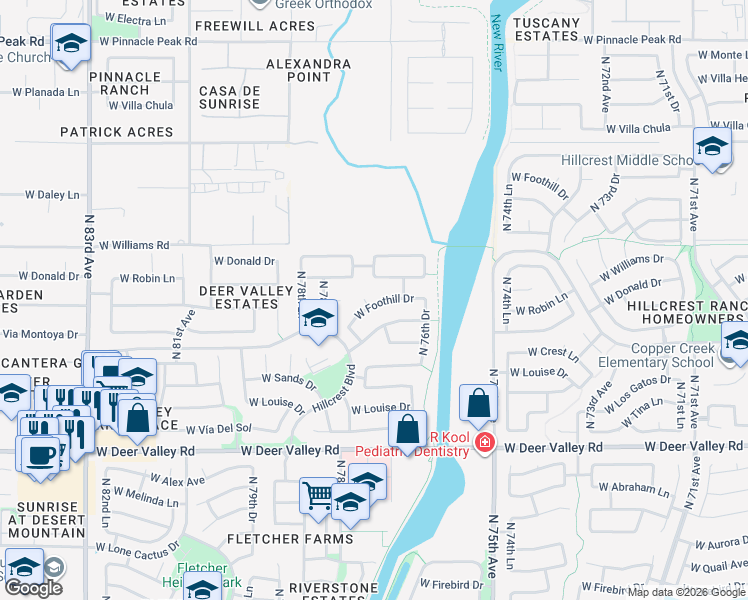 map of restaurants, bars, coffee shops, grocery stores, and more near 7710 West Foothill Drive in Peoria