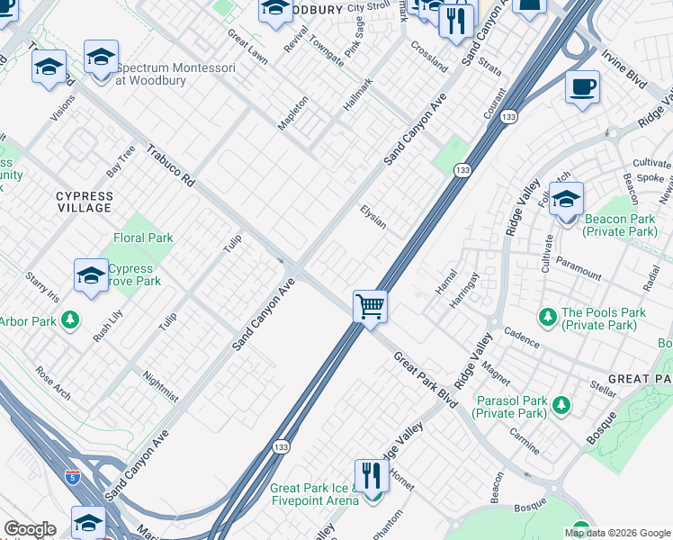 map of restaurants, bars, coffee shops, grocery stores, and more near 43 Jonquil in Irvine