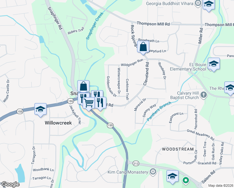map of restaurants, bars, coffee shops, grocery stores, and more near 3290 Wintercreeper Drive in Stonecrest