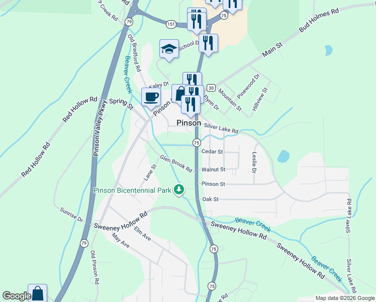 map of restaurants, bars, coffee shops, grocery stores, and more near 4402 Pinson Boulevard in Pinson