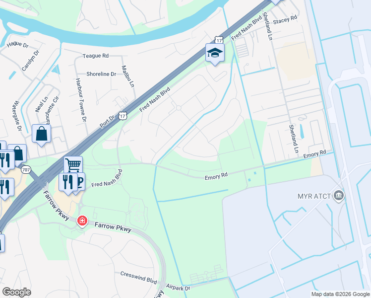 map of restaurants, bars, coffee shops, grocery stores, and more near 2606 Orion Loop in Myrtle Beach