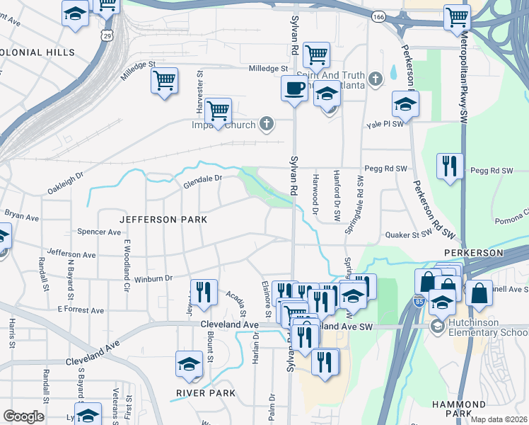 map of restaurants, bars, coffee shops, grocery stores, and more near 2489 Sylvan Terrace in East Point