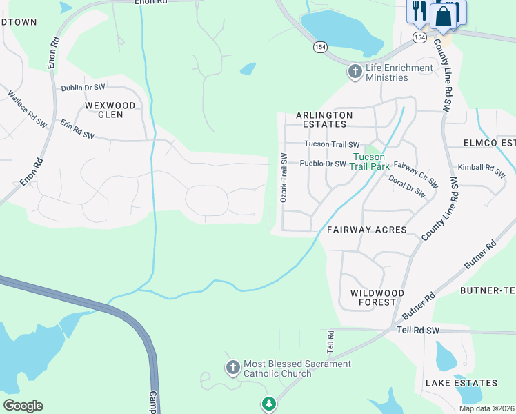 map of restaurants, bars, coffee shops, grocery stores, and more near 415 Kendrick Terrace Southwest in Atlanta