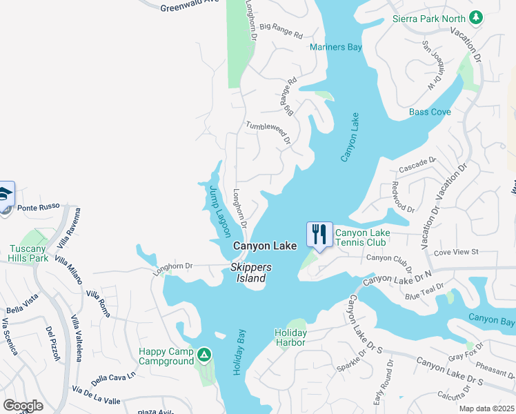 map of restaurants, bars, coffee shops, grocery stores, and more near 22198 Bronc Court in Canyon Lake