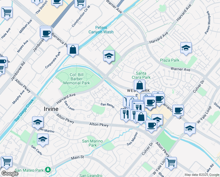 map of restaurants, bars, coffee shops, grocery stores, and more near 11 Crivelli Aisle in Irvine