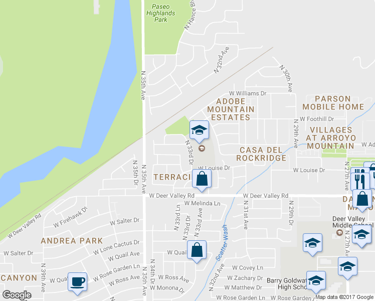 map of restaurants, bars, coffee shops, grocery stores, and more near 22052 North 33rd Drive in Phoenix