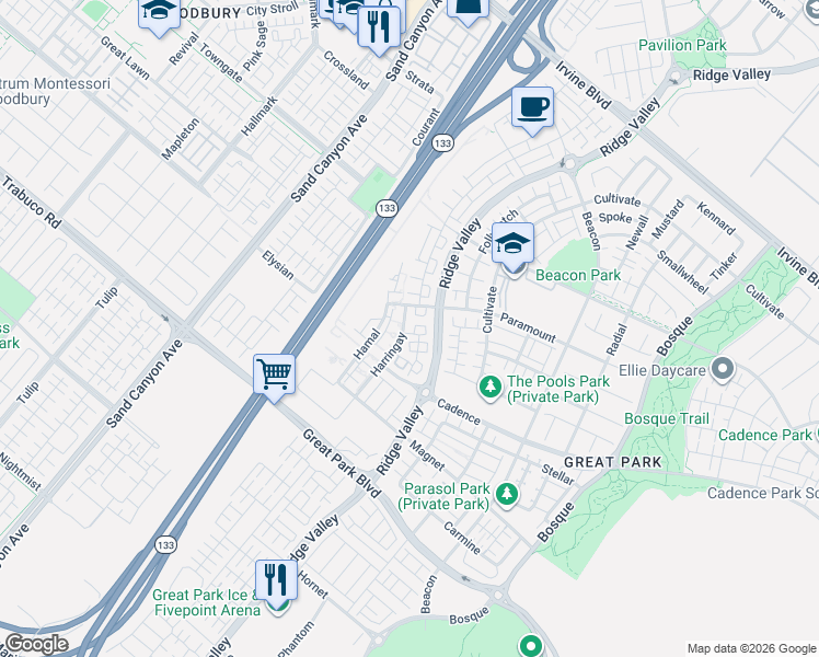 map of restaurants, bars, coffee shops, grocery stores, and more near 258 Harringay in Irvine