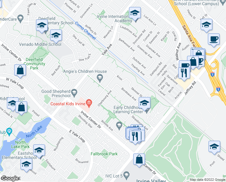 map of restaurants, bars, coffee shops, grocery stores, and more near 15222 Cherbourg Avenue in Irvine
