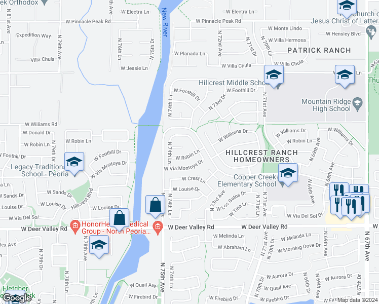 map of restaurants, bars, coffee shops, grocery stores, and more near 7418 West Robin Lane in Glendale