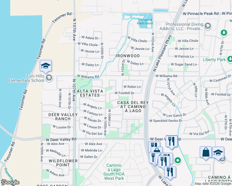 map of restaurants, bars, coffee shops, grocery stores, and more near 10421 West Foothill Drive in Peoria