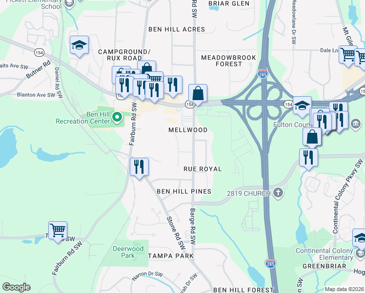 map of restaurants, bars, coffee shops, grocery stores, and more near 2490 Susan Lane Southwest in Atlanta