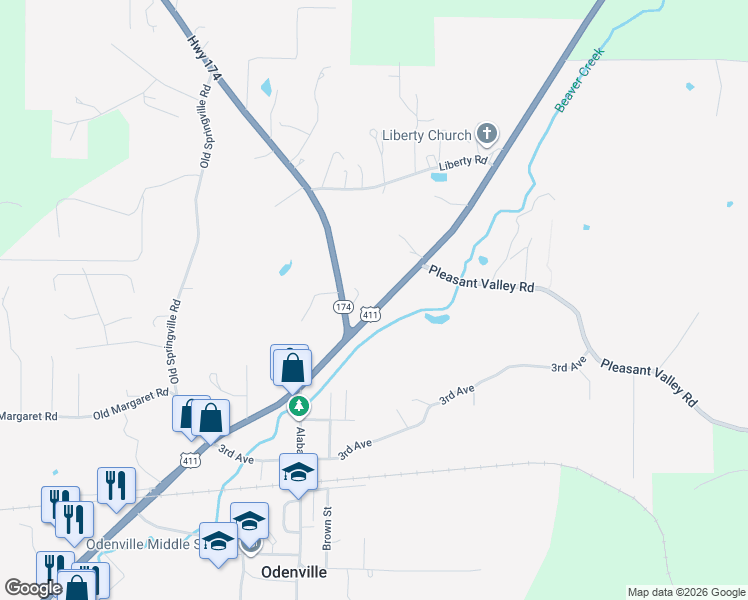 map of restaurants, bars, coffee shops, grocery stores, and more near 14973 U.S. 411 in Odenville
