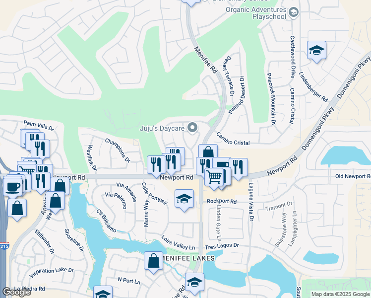 map of restaurants, bars, coffee shops, grocery stores, and more near 29845 Calle San Martine in Menifee